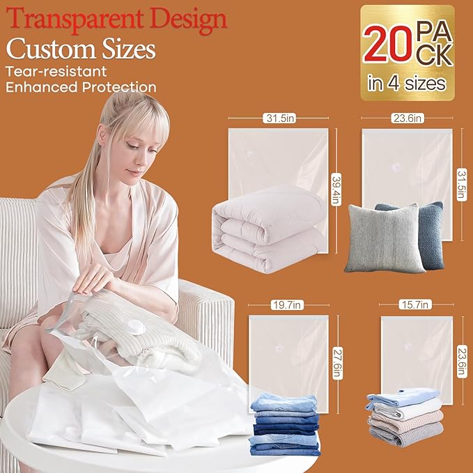 Vacbird Vacuum Seal Bags for Clothing, 20 Pack Vacuum Storage Bags with Rechargeable Cordless Air Pump(5J+5L+5M+5S), Space Saver Bags for Clothes Blanket Duvets Pillows Comforters Travel