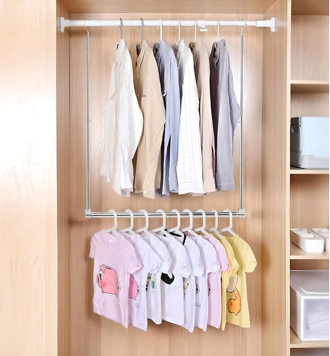 Adjustable Hanging Closet Rod, Extender Hanging Rod, Closet Hanging Organizer, Heavy Duty Closet Bar, Hanging Rod (2 Pack, Chrome)