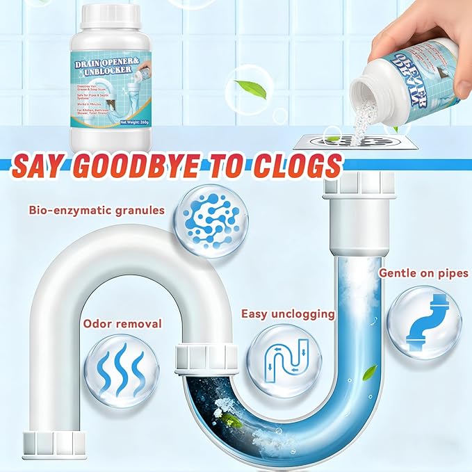 Drain Clog Remover, Crystal Lye Drain Opener, Hair Drains Clog Remover Unclog Bathroom and Kitchen Sinks, Drains, Shower Pipes, Removes Hair, Soap Scum, Blockages, 260g