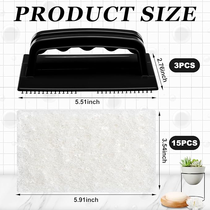 Maxdot 18 Pcs Handled Bath Scrubber Set, 15 Bathroom Scouring Pad 3 Bathtub Scrubber with Handle Non Scratch Soap Scum Remover for Cleaning Sink Shower Tile Swimming Pool Step Corner (Black and White)