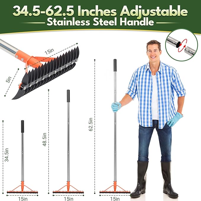 Thatch Rake for Lawns 18 Sharp Tempered Spring Steel Tines Dethatcher Rake Heavy Duty Dethatching Rakes with 62.5" Adjustable Stainless Steel Handle for Lawn Care，Dead Grass, Garden, Yard