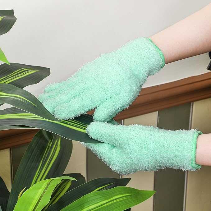 Patelai 3 Pairs Microfiber Plant Dusting Gloves Leaf Cleaning Gloves for Indoor Plants, Blinds, Furniture, House (Green Yellow,Blue,Pink,Medium)