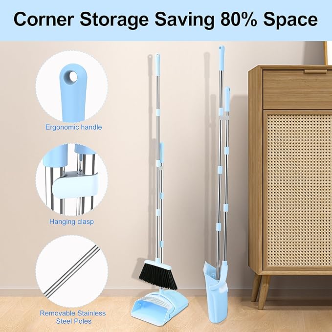Broom and Dustpan Set House Brooms for Sweeping Indoor Collapsible Broom and Dust Pan Combo for Home Office Kitchen Lobby Floor Pet Hair (Small-Blue)
