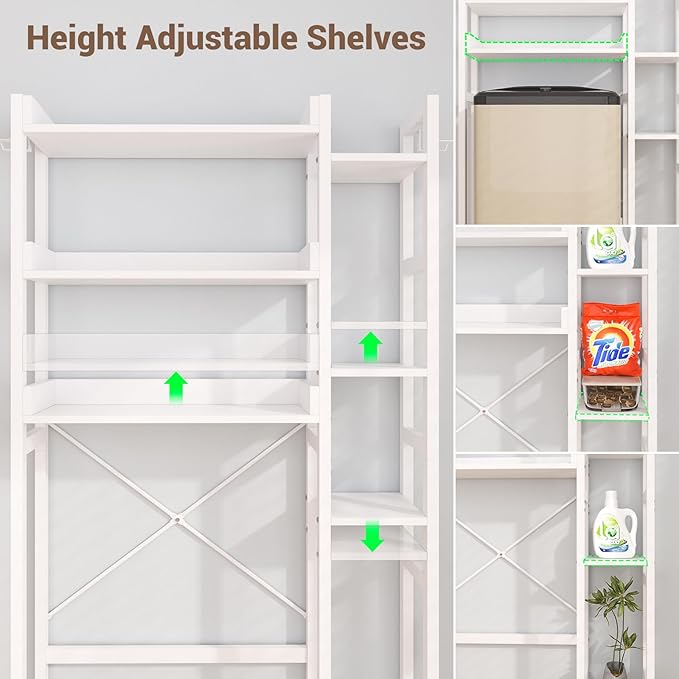 Besiost Over The Toilet Storage with 2 Drawers - 7 Tier Bathroom Organizer with Adjustable Shelf, Freestanding Space Saver Storage Rack Above Toilet Stand with 4 Hooks for Restroom, Laundry, White