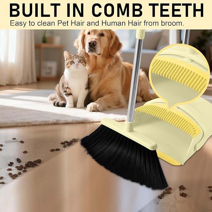 Broom and Dustpan Set House Brooms for Sweeping Indoor Collapsible Broom and Dust Pan Combo for Home Office Kitchen Lobby Floor Pet Hair (Small-Yellow)