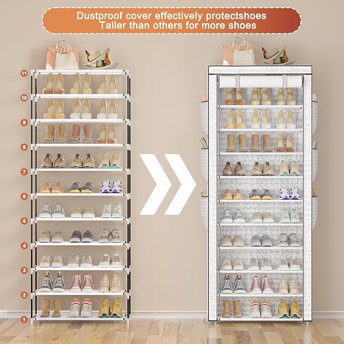 OYREL Shoes Rack 10 Tier Tall Shoe Rack with Storage Pockets, Fabric Covered Shoe Racks,Metal Shoes Rack Organizer for Closets,Bedroom, Garage