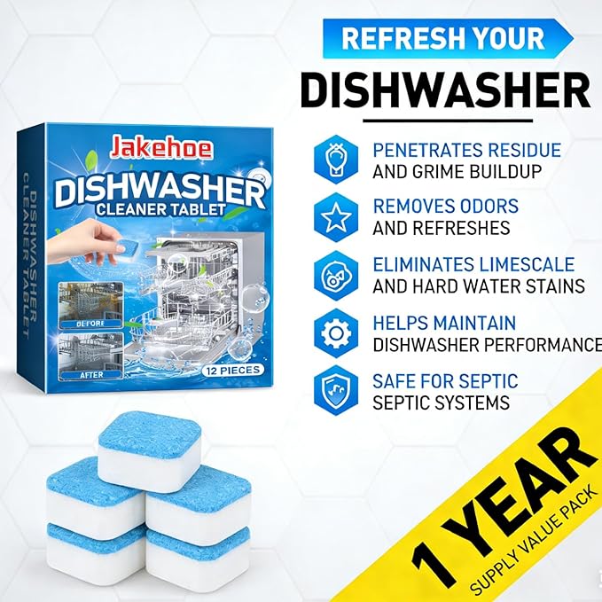 Dishwasher Cleaner & Deodorizer Tablets, 24-Pack Dishwasher Maintenance Tablets for Interior, Pump, Filter, Spray arm & Drain, Helps Remove Grease, Limescale & Mineral Buildup 1-Year Supply