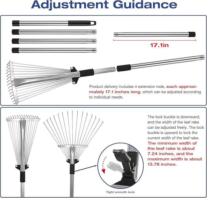 Adjustable Metal-Leaf Rake with Telescopic Handle - Lawn & Garden Tool for Grass, Leaves & Shrubs - Heavy Duty Yard Rake for Adults, Women & Kids