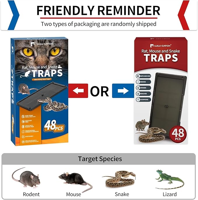 LULUCATCH Mouse Traps 48 Pack, Large Bulk Glue Rat Traps for Home, Pre-Scented Adhesive Plastic Tray for Snake, Mice, & Spider Catcher, Pet Safe Pest Control