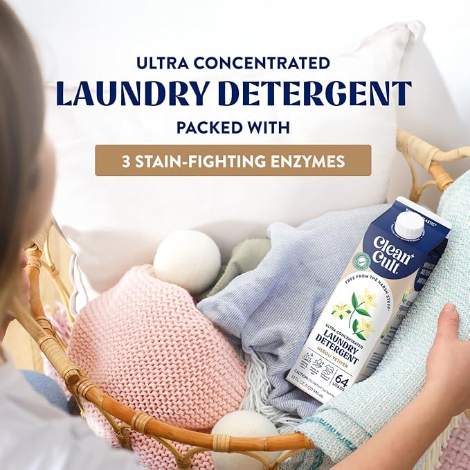 Cleancult Ultra Concentrated Liquid Laundry Detergent, 64 loads (32 oz), Long Lasting Scent, 90% Less Plastic, No Harsh Chemicals, Neroli Vetiver, Defeats Stains & Odors, HE/Standard Compatible
