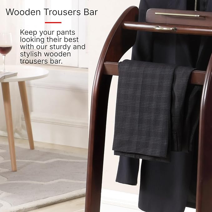 Proman Products Windsor Suit Valet Stand VL16001 with Top Tray, Contour Hanger, Trouser Bar, Tie & Belt Hooks and Shoe Rack, 17"W x 14"D x 40"H, Dark Walnut