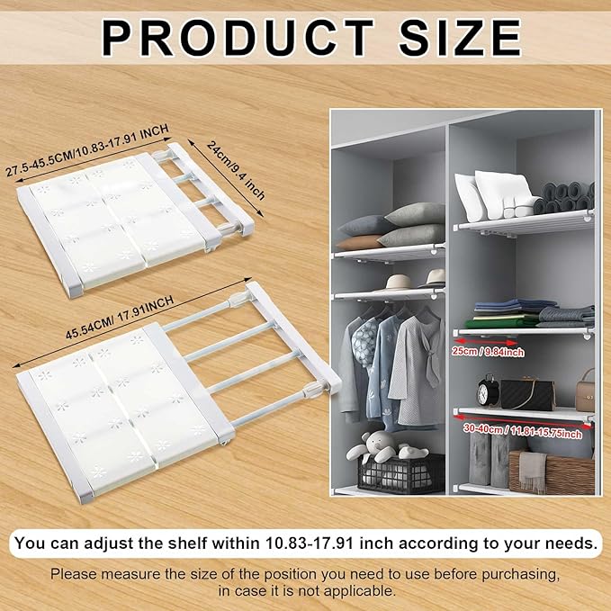Gerrii 4 Pcs Closet Tension Shelf Rod Expandable Shelf Locker Organizer Adjustable Storage Rack Scalable Layered Divider Separator for Cabinet Wardrobe Kitchen Bathroom (10.83''-17.91'')