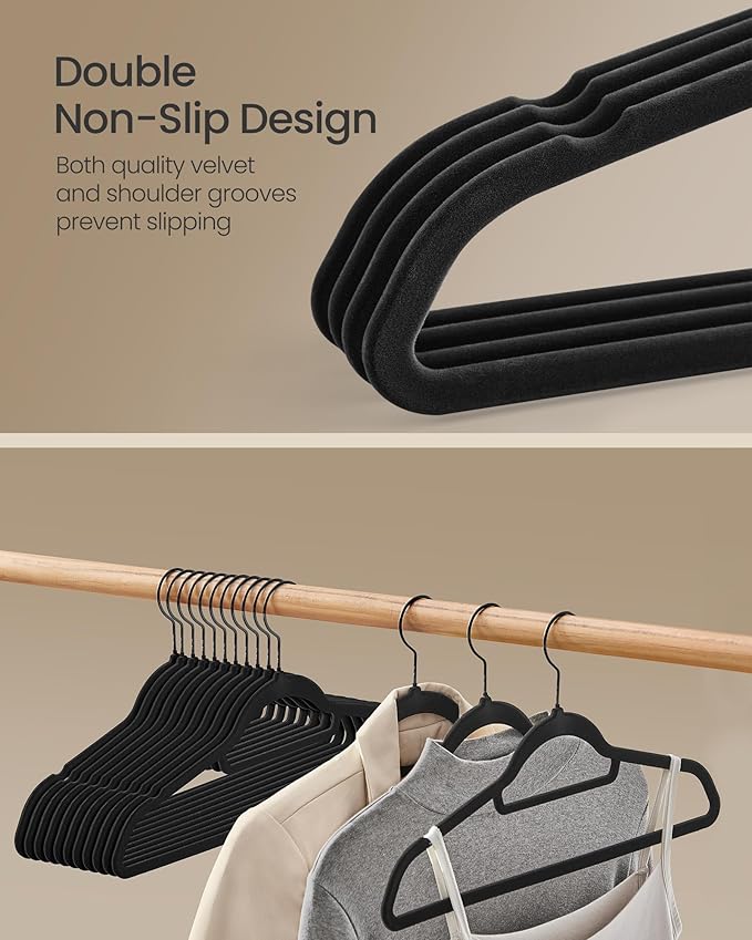 SONGMICS Velvet Hangers, Set of 50 Clothes Hanger with Black Swivel Hook, Non-Slip, and Space-Saving, 0.2-Inch Thick, 17.1-Inch Long for Coat, Shirt, Dress, Pants, Tie, Ink Black UCRF021B02
