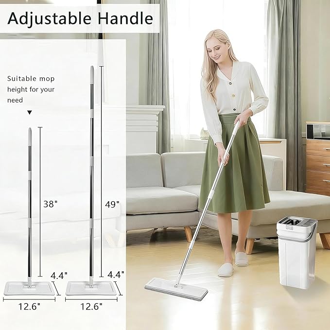 Mop and Bucket Set, Flat Mop and Bucket System with Wringer, Automatic Separates Dirty and Clean Water Include 6 Reusable Microfiber Mops for Floor Cleaning