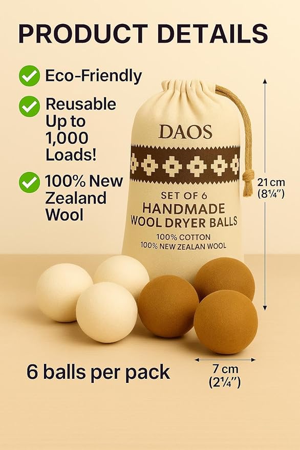 Wool Dryer Balls – Pack of 6 (3 White + 3 Brown) with Storage Bag – 100% New Zealand Wool – Reusable, Eco-Friendly Natural Laundry Dryer Balls for Faster Drying