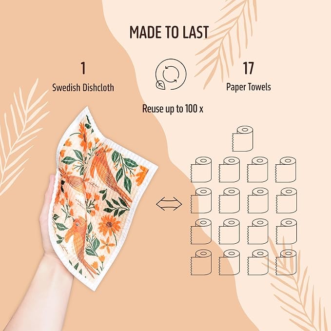 Swedish Dishcloths for Kitchen, 5 Pack Reusable Paper Towels Washable, Super Absorbent Kitchen Towels, No Odor Dish Rags, Biodegradable, Quick Drying, Dishwasher Safe