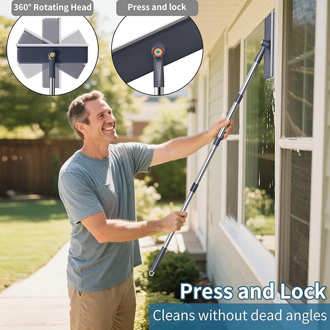 3 in 1 Window Squeegee for Home, Window Cleaning Kit with 60" Extension Pole, Professional Window Cleaner Tool for Outdoor Windows, Glass, Mirrors, Screens with 3 Microfiber Cloths & Screen Brush