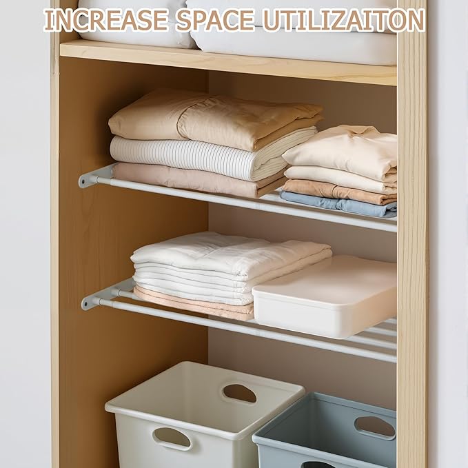 VanlonPro Expandable Closet Shelf Wall-Mounted Metal Storage Rack Adjustable Closet Rod DIY Divider Separator Space Saving for Cabinet Wardrobe Cupboard Kitchen Pantry Cupboard, 17.2-27.7 Inches