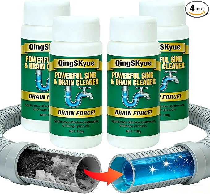 4 Pack Fast Acting Drain Clog Remover | Heavy Duty Drain Cleaner Powder | for Slow Running and Clogged Drains | for Bathroom Shower Sink Bathtub and Kitchen Sink | Suitable for Daily Maintenance