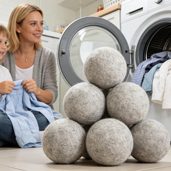 Wool Dryer Balls 6 Pack XL, Genuine New Zealand Wool to Core, 100% Organic Fabric Softener Alternative, Baby Safe & Chemical Free, Reduce Wrinkles & Shorten Drying Time (Grey-6pcs)