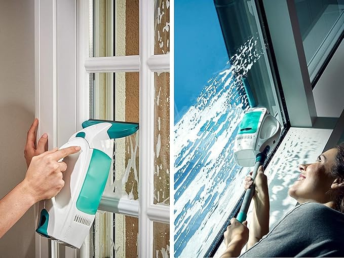 Leifheit Dry & Clean Window Vacuum Cleaner Set with 43cm Handle and Washers, Window Cleaning Kit up to 35 Minutes of Power, Electric Window Cleaner