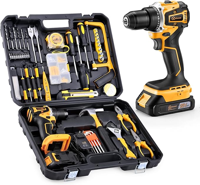 Brushless Motor Tool Kit Set: Yellow 21V Cordless Drill, Power Drill Tool Box,3/8" Keyless Chuck, 2 Variable Speeds, with Battery and Charger Included