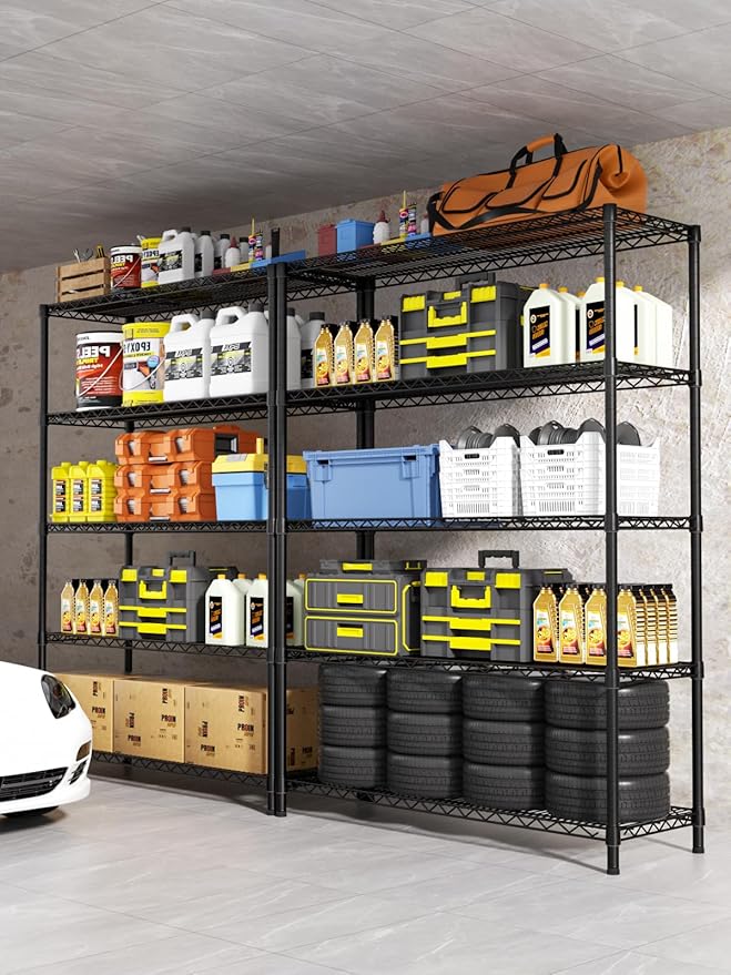 Golpart 5 Tier Adjustable Storage Shelves Heavy Duty Metal Utility Shelf 1750LBS Capacity Wire Shelving Unit Organizer Rack for Home Kitchen Garage Pantry Room 18" D x 46" W x 77" H Black