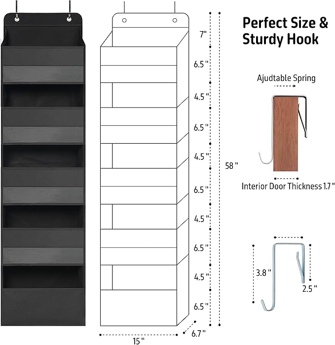 TYMENSH Over Door Organizer with 5 Large Pockets, Heavy Duty Hanging Organizer Storage, Closet Bathroom Nursery Bedroom Dorm, Toys Cosmetics Sundries and Baby Essentials, Black