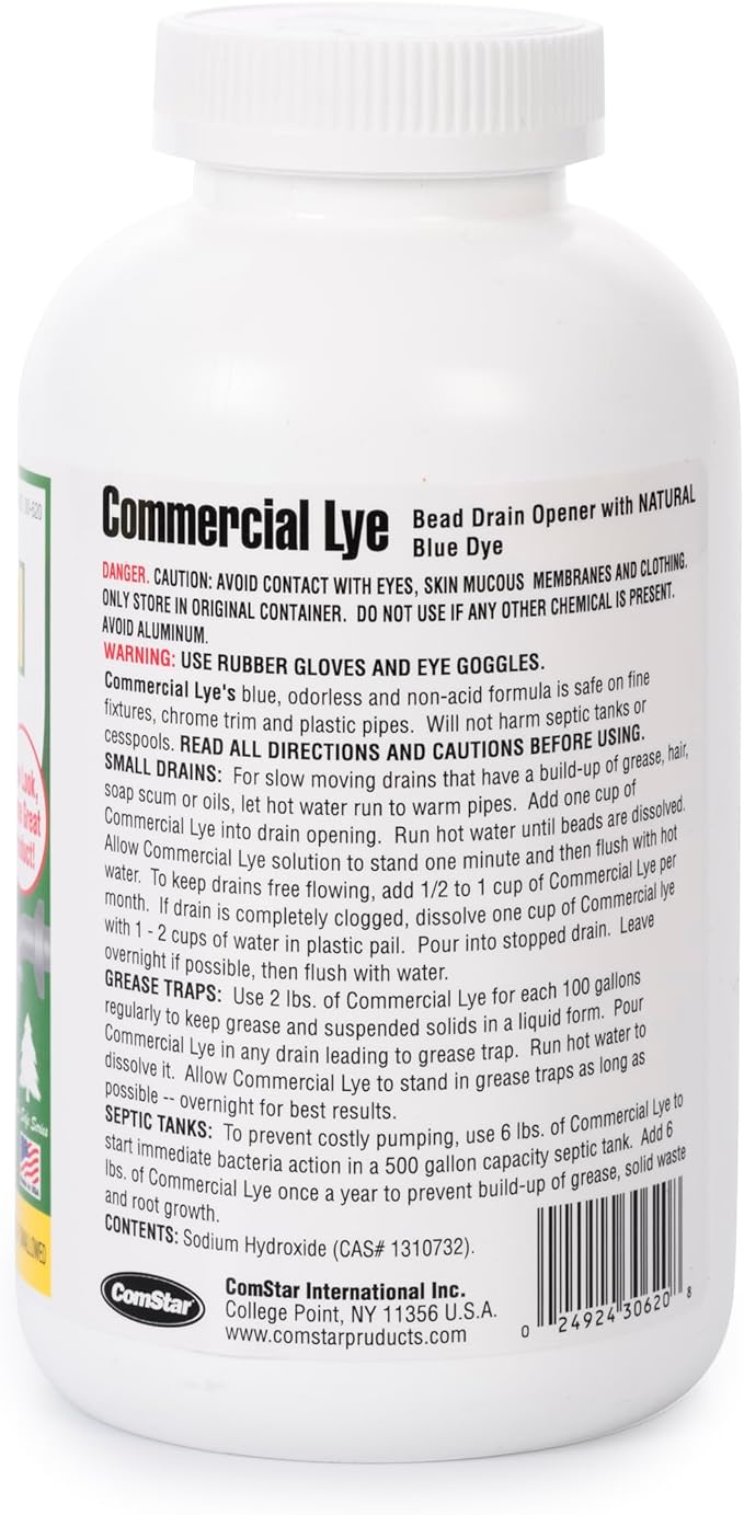 ComStar Commercial Lye | Sodium Hydroxide Beads with Natural Blue Dye | Eco-Friendly, Industrial Strength, Biodegradable Drain Opener | Static-Free, Unique Beads for Soap Making | 2 lb. (30-620).