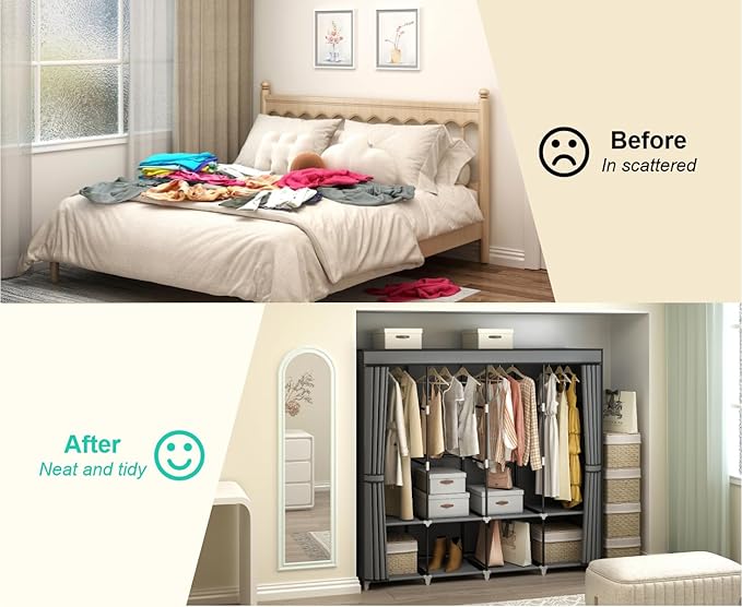 MOGELAFOO Portable Closet Wardrobe, 67-Inch Clothes Organizer with 4 Hanging Rods and 8 Shelves, Non-Woven Fabric Cover, Large Capacity Storage for Bedroom and Living Room, Grey