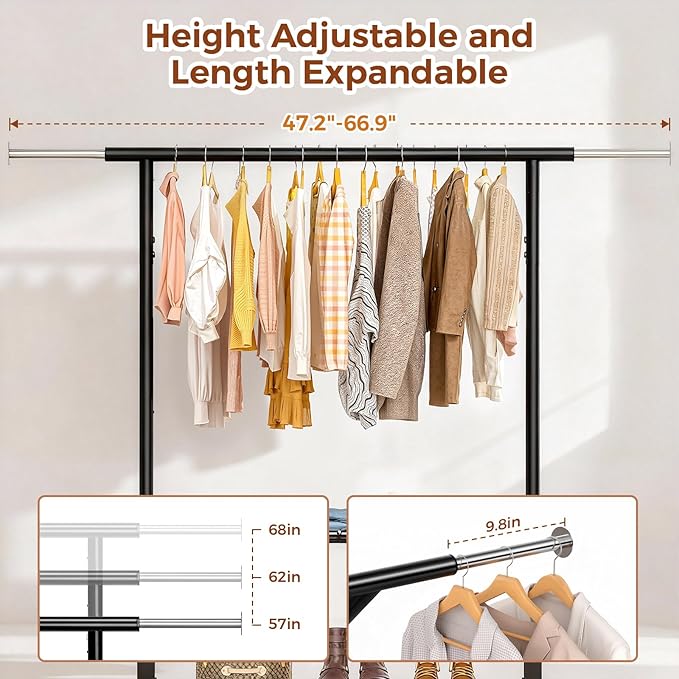 Luxspire Heavy Duty Clothes Rack Load 650 LBS, Double Rod Clothing Racks for Hanging Clothes, Rolling Garment Racks with Lockable Wheels, Shelves, Adjustable Laundry Hanging Rack, Black