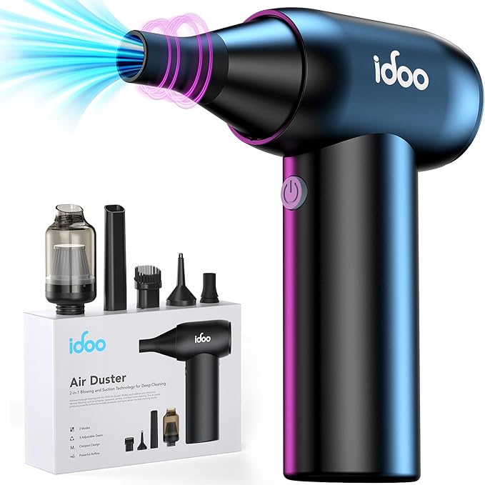 iDOO Compressed Air Duster, Cordless Electric Canned Duster, Portable Vacuum, 3 Gear Mini Portable Jet Dry Air Blower, for Gaming Pc, Keyboard, Car Cleaning, Outdoors-Dust Blowing & Vacuuming(Black)