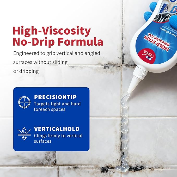 W&E Choice Stain Remover Gel Cleaner for Shower, Bathroom Tile Grout and Caulk - Heavy Duty Cleaner for Front Load Washing Machine Rubber Seal - No Scrubbing Gel Formula, 8.8 Fl Oz