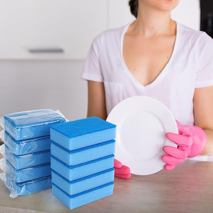 50 Pcs Individually Wrapped Sponges, Uncompressed Non Scratch Scrouing Sponges for Household Cleaning Dishes Kitchen Airbnb Apartment Car Bike Blue