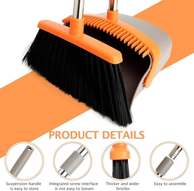 2-Pack Broom and Dustpan Set with Long Handle, Heavy Dust Broom and Dustpan Combo for Home，Kitchen, Office, Pet Hair(Gray Orange)