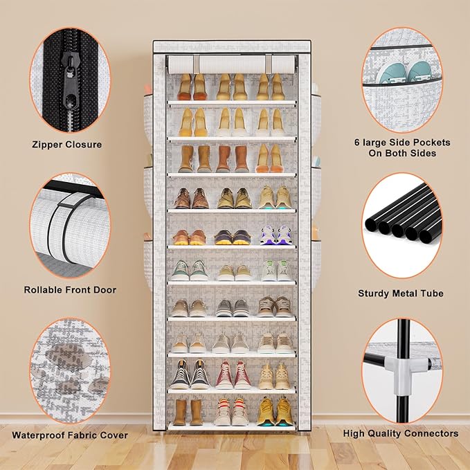 OYREL Shoes Rack 10 Tier Tall Shoe Rack with Storage Pockets, Fabric Covered Shoe Racks,Metal Shoes Rack Organizer for Closets,Bedroom, Garage