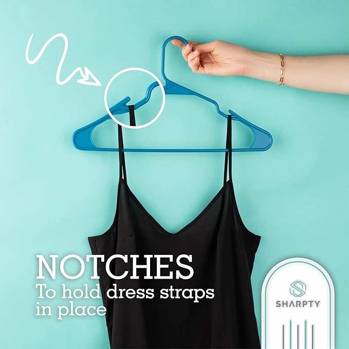 Sharpty Plastic Hangers Clothes Hangers for Clothing, Closet, Coats & Shirts - Notched, Durable & Space Saving - for Everyday Standard Use, Room Essentials & Basics - 50 Pack - Blue
