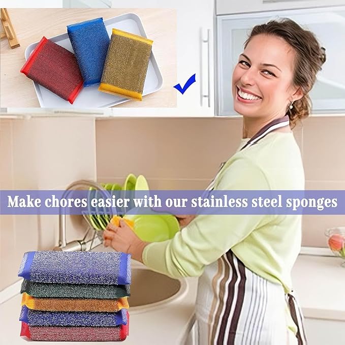 Steel Wool Scrub Sponges – Non-Scratch Microfiber Kitchen Scrubbers for Pots, Pans, and Household Cleaning – Heavy-Duty, Reusable Sponges (RED)