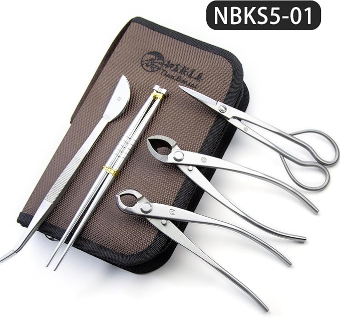 Small Size TianBonsai Bonsai Tools 5-Piece Alloy Steel Bonsai tool Kit In Cluding 180mm Long Handle Scissors / 180mm Branch Cutter / 180mm Knob Cutter / 200mm Straight Root Hook / Tweezers (NBKS5-01)