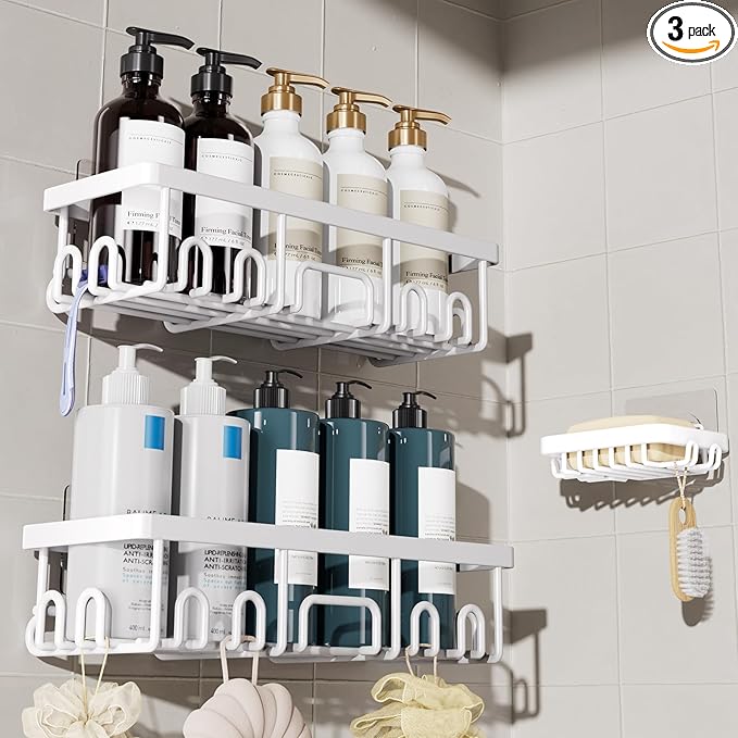 Veken Shower Caddy 3-Pack, Advanced Rustproof Design, No Drilling Adhesive Shelves, Rack with Soap Holder, Large Capacity Bathroom Organizers and Storage, Wall-Mounted Kitchen & Home Decor, White