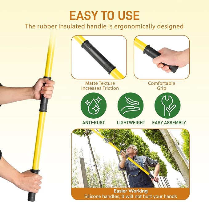 Outvita Manual Pole Saw, 30 Feet Extendable Tree Pruner with Knives and Storage Pocket, Sharp Steel Blade and Scissors High Branches Trimming for Pruning Palms and Shrubs(Yellow)