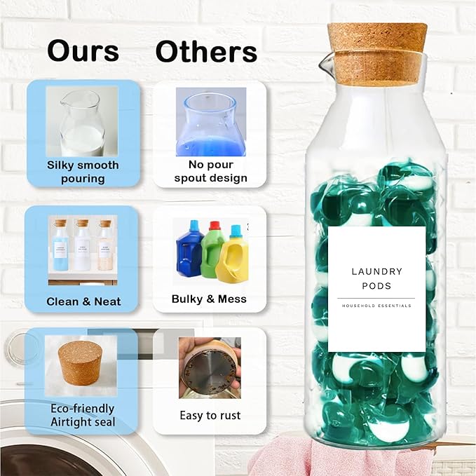 Glass Laundry Detergent Dispenser Set with Cork Lids, Fabric Softener Dispenser, Easy Pour 3 Pack Laundry Bottles, Liquid Detergent Containers, Scent Booster & Bleach Container for Laundry Room