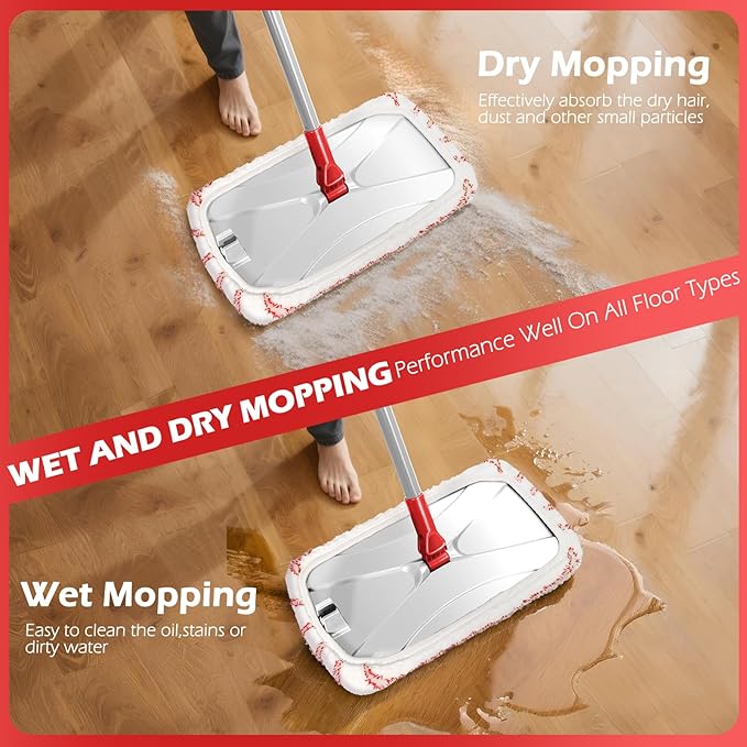 Masthome Extra Large Microfiber Mop for Floor Cleaning, 16“ Flat Mop with 5 Pad for Wet & Dry Use, Dust Mop for Hardwood Laminate Tile Ceramic, 1 Cleaning Scraper Included-Red