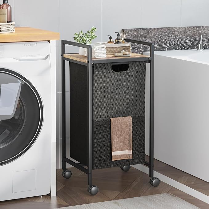 Laundry Hampers,Laundry Basket， Laundry Sorter with Top Shelf & Removable Washable Bags & Side Pockets for Laundry Room organization, Bathroom and Dorm, Rustic Brown and Black