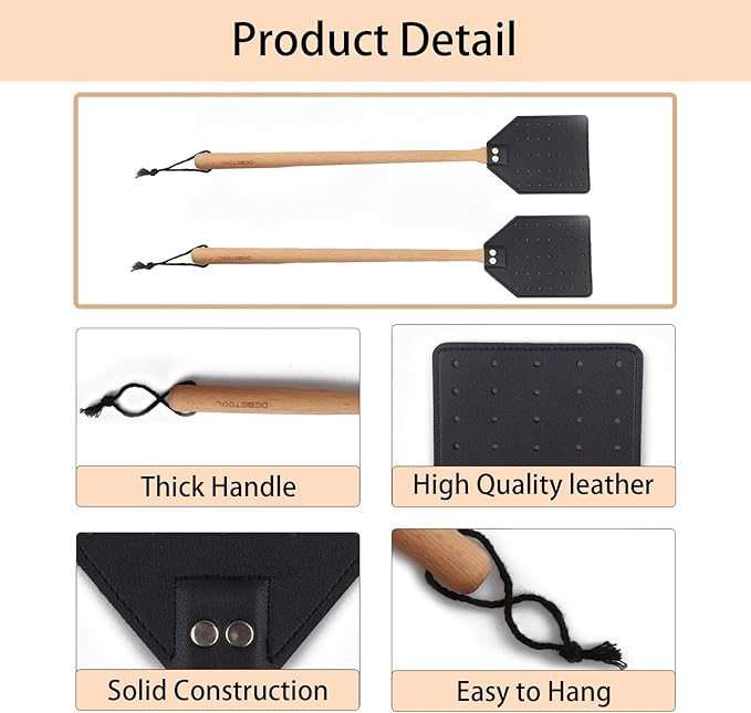 Indoor Leather Fly Swatter - 2 Pack Long Handle Heavy Duty Fly Swatter with Hanging Rope, Wood Fly Swatter Manual for Kitchen/Home Indoor and Outdoor Flies