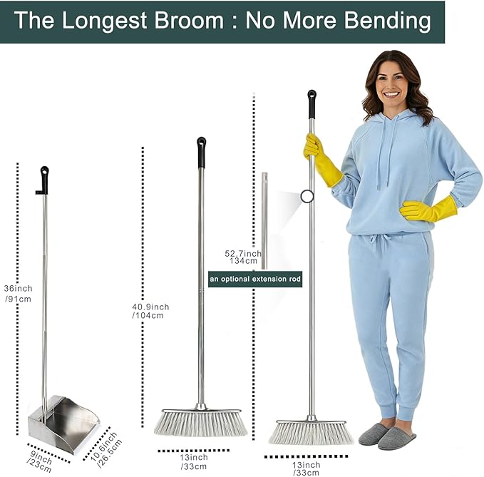 Metal Dustpan with Soft Bristles Broom Heavy Duty Stainless Steel Upright Standing Dust Pan and Broom for Sweeping Indoor Outdoor Home Kitchen Office Lobby Hardwood Floor Cleaning