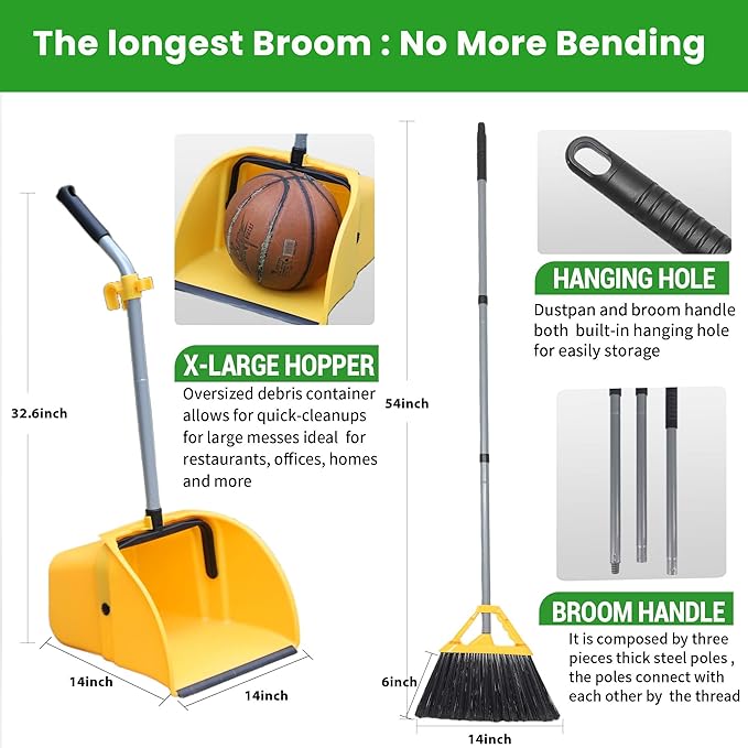 Commercial Broom and Dustpan Set Debris Dustpan with Handle,Jumbo Debris Pan, Trash Collection for Industrial/Professional Cleaning,2Sets, Yellow,Extra-Large Size
