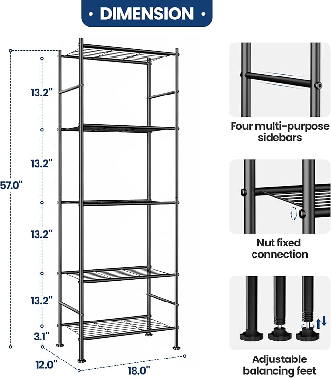Abiglifty Storage Shelves, 5-Tier Metal Shelving, Wire Shelving Unit with Adjustable Leveling Feet, Shelf Organizer for Bathroom, Pantry, Laundry