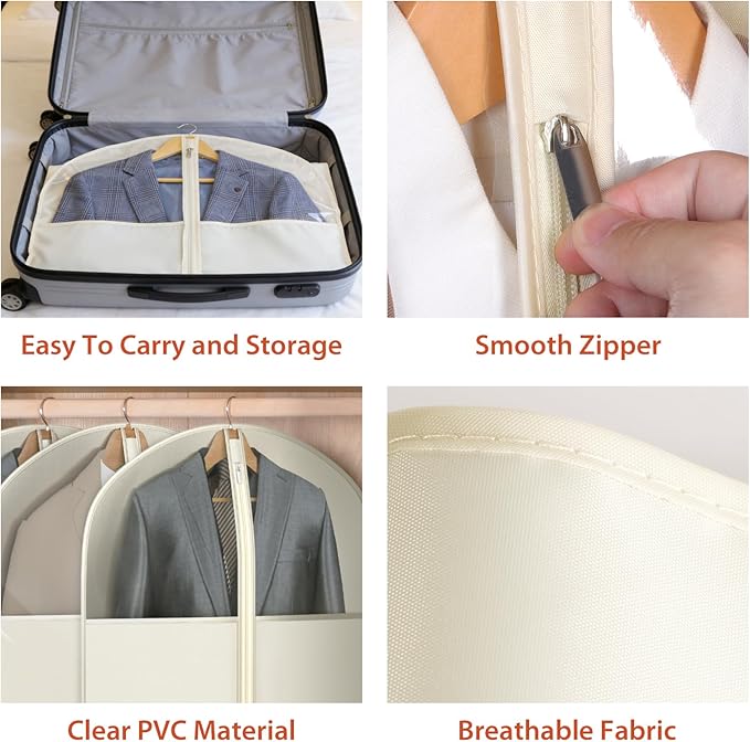 Univivi Suit Bags for Closet Storage, 40" Garment Bags for Hanging Clothes, Garment Bag for Travel and Storage with Large Visible Window for Suit Coat, Jacket, Sweaters (Set of 6), Biege