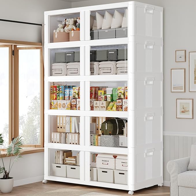 600Qt Stackable Storage Bins with Lid and Wheels, 150Gal Plastic Closet Organizer and Storage Drawer, Large Collapsible Storage Box Cabinet with Clear Door for Home Kitchen Office, 5Pack White